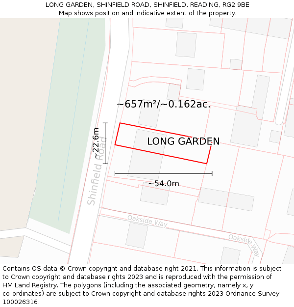 LONG GARDEN, SHINFIELD ROAD, SHINFIELD, READING, RG2 9BE: Plot and title map