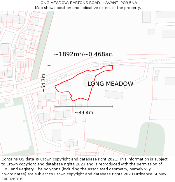 LONG MEADOW, BARTONS ROAD, HAVANT, PO9 5NA: Plot and title map