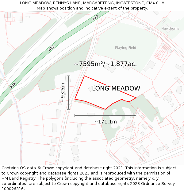 LONG MEADOW, PENNYS LANE, MARGARETTING, INGATESTONE, CM4 0HA: Plot and title map