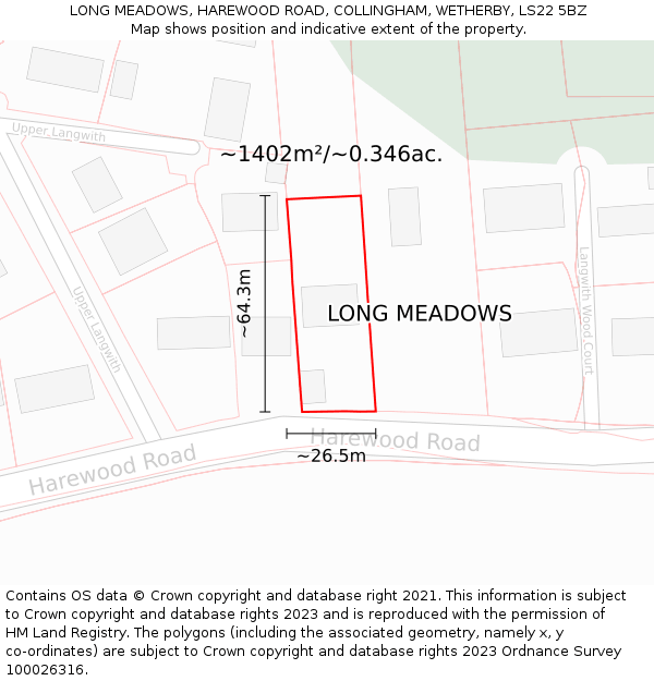 LONG MEADOWS, HAREWOOD ROAD, COLLINGHAM, WETHERBY, LS22 5BZ: Plot and title map