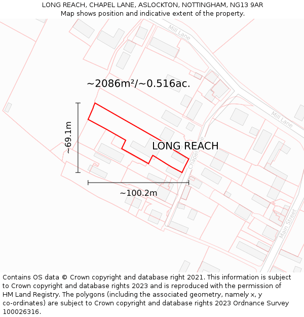 LONG REACH, CHAPEL LANE, ASLOCKTON, NOTTINGHAM, NG13 9AR: Plot and title map