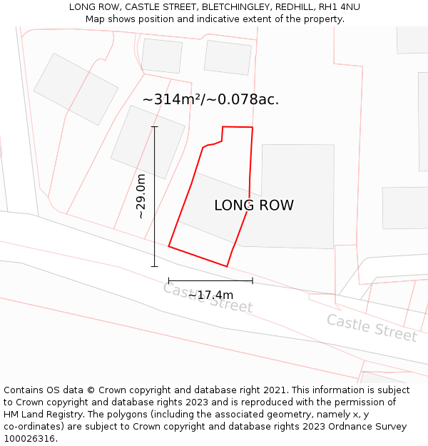 LONG ROW, CASTLE STREET, BLETCHINGLEY, REDHILL, RH1 4NU: Plot and title map