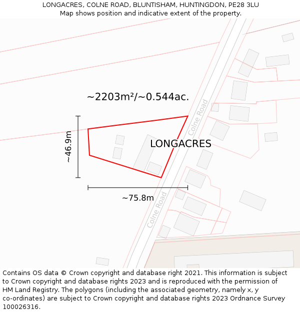 LONGACRES, COLNE ROAD, BLUNTISHAM, HUNTINGDON, PE28 3LU: Plot and title map