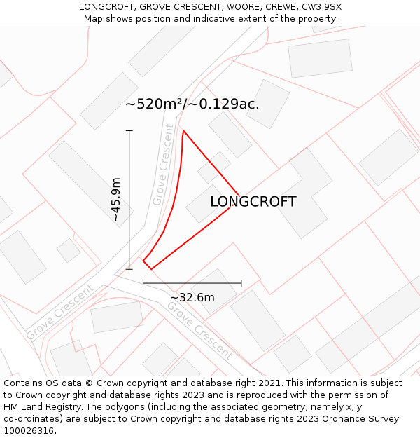 LONGCROFT, GROVE CRESCENT, WOORE, CREWE, CW3 9SX: Plot and title map