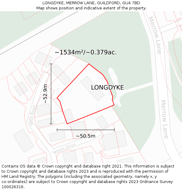 LONGDYKE, MERROW LANE, GUILDFORD, GU4 7BD: Plot and title map