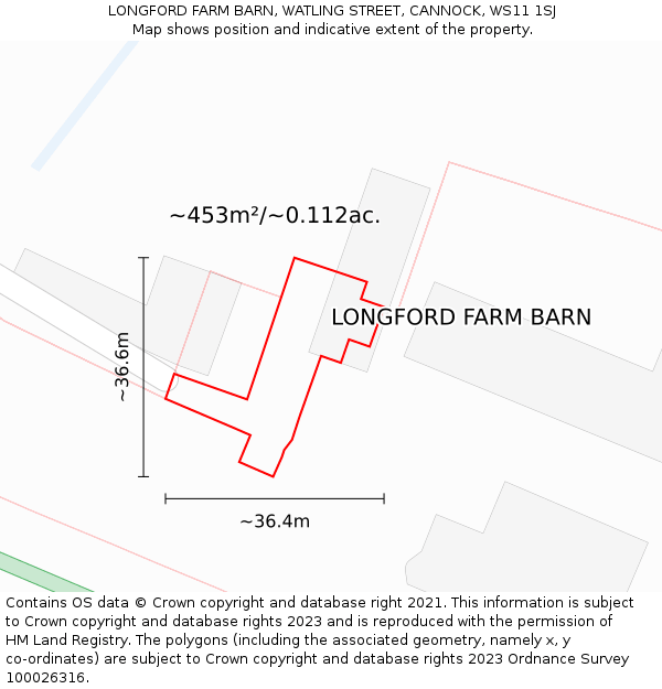 LONGFORD FARM BARN, WATLING STREET, CANNOCK, WS11 1SJ: Plot and title map