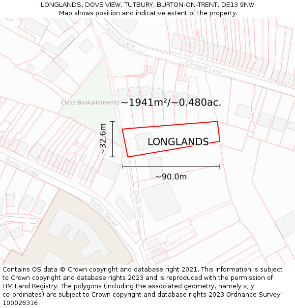 LONGLANDS, DOVE VIEW, TUTBURY, BURTON-ON-TRENT, DE13 9NW: Plot and title map