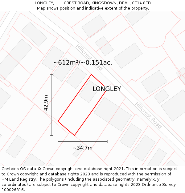 LONGLEY, HILLCREST ROAD, KINGSDOWN, DEAL, CT14 8EB: Plot and title map