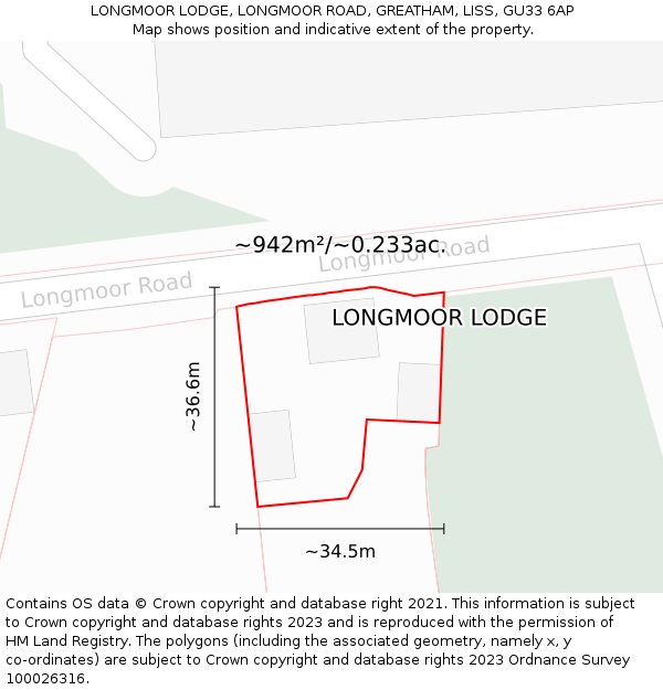 LONGMOOR LODGE, LONGMOOR ROAD, GREATHAM, LISS, GU33 6AP: Plot and title map