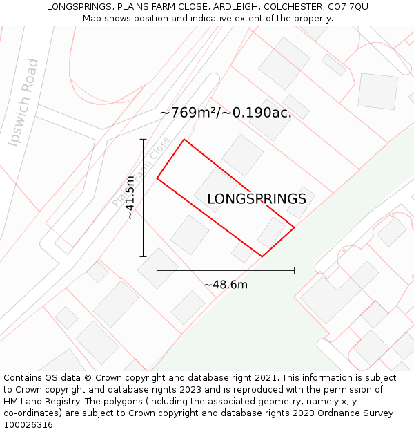 LONGSPRINGS, PLAINS FARM CLOSE, ARDLEIGH, COLCHESTER, CO7 7QU: Plot and title map