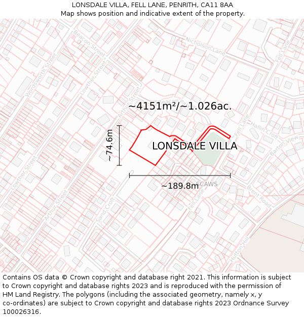 LONSDALE VILLA, FELL LANE, PENRITH, CA11 8AA: Plot and title map