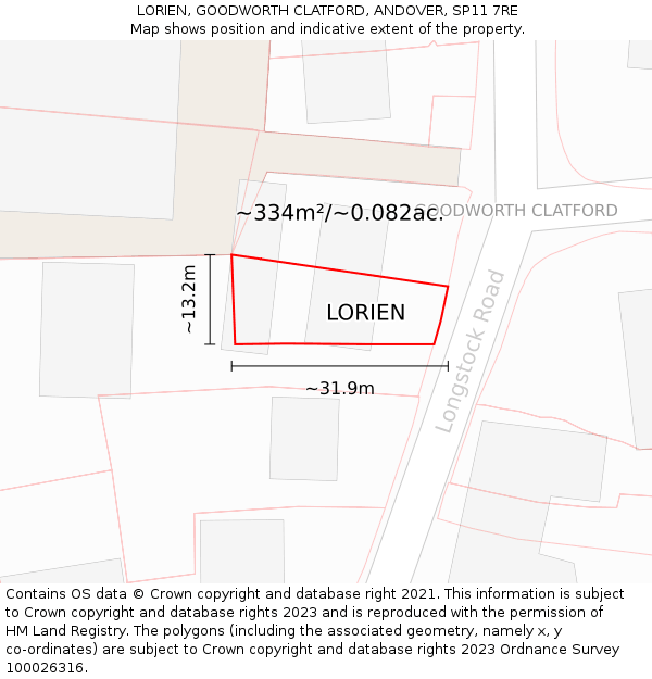 LORIEN, GOODWORTH CLATFORD, ANDOVER, SP11 7RE: Plot and title map