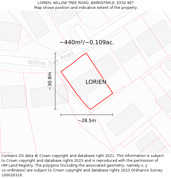 LORIEN, WILLOW TREE ROAD, BARNSTAPLE, EX32 9ET: Plot and title map