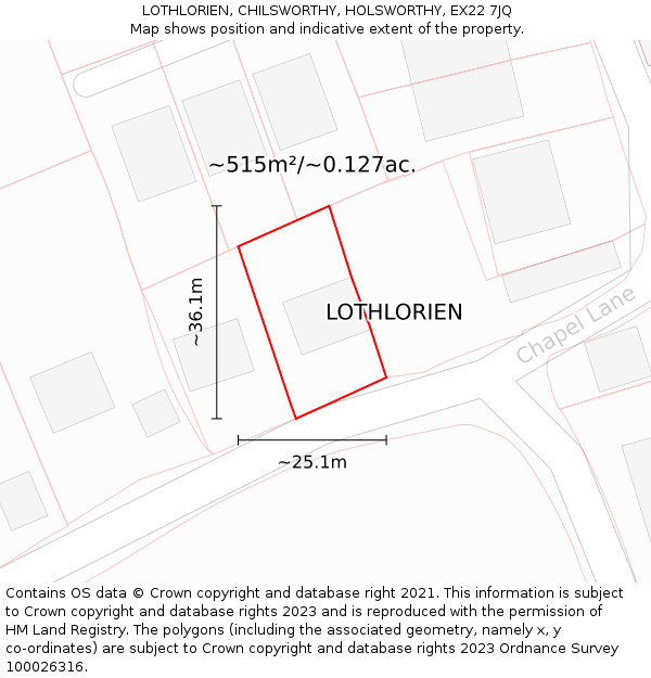 LOTHLORIEN, CHILSWORTHY, HOLSWORTHY, EX22 7JQ: Plot and title map