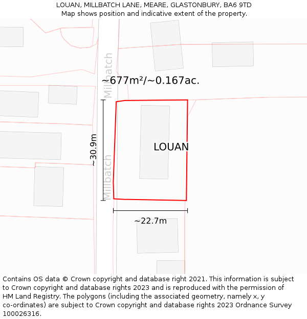 LOUAN, MILLBATCH LANE, MEARE, GLASTONBURY, BA6 9TD: Plot and title map