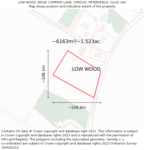 LOW WOOD, RIDGE COMMON LANE, STROUD, PETERSFIELD, GU32 1AX: Plot and title map