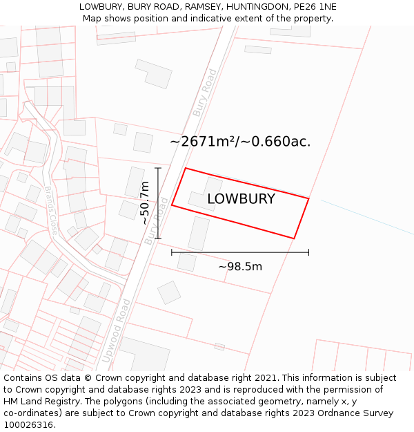 LOWBURY, BURY ROAD, RAMSEY, HUNTINGDON, PE26 1NE: Plot and title map