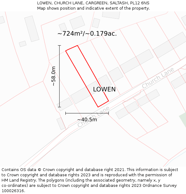 LOWEN, CHURCH LANE, CARGREEN, SALTASH, PL12 6NS: Plot and title map