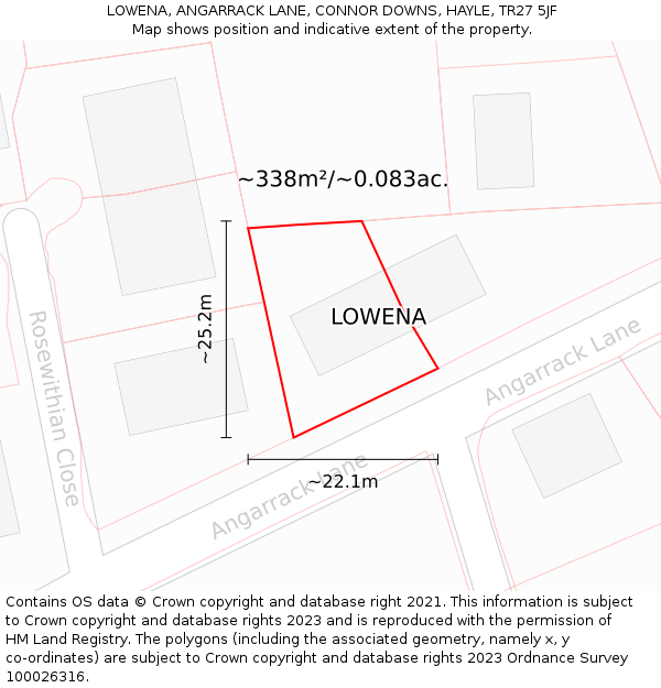 LOWENA, ANGARRACK LANE, CONNOR DOWNS, HAYLE, TR27 5JF: Plot and title map