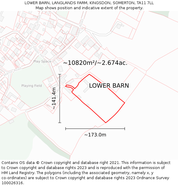 LOWER BARN, LANGLANDS FARM, KINGSDON, SOMERTON, TA11 7LL: Plot and title map