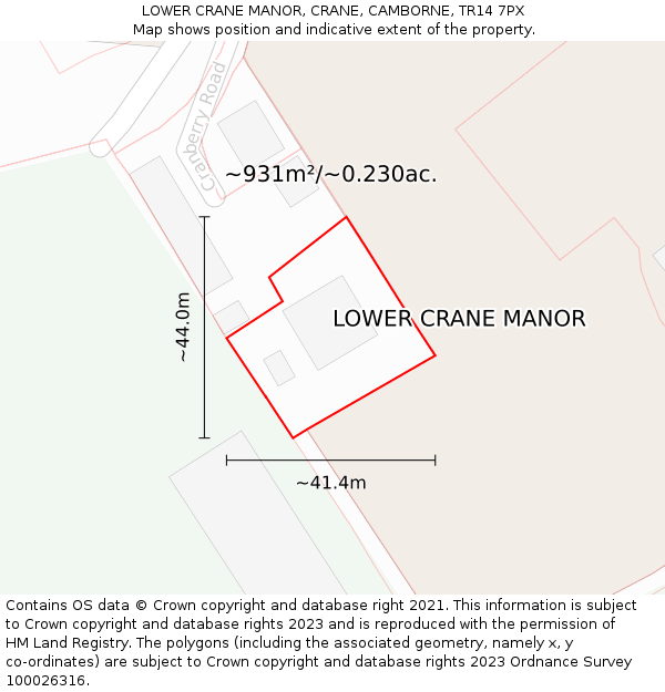 LOWER CRANE MANOR, CRANE, CAMBORNE, TR14 7PX: Plot and title map