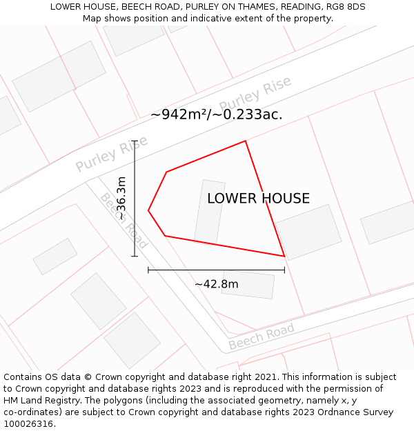 LOWER HOUSE, BEECH ROAD, PURLEY ON THAMES, READING, RG8 8DS: Plot and title map