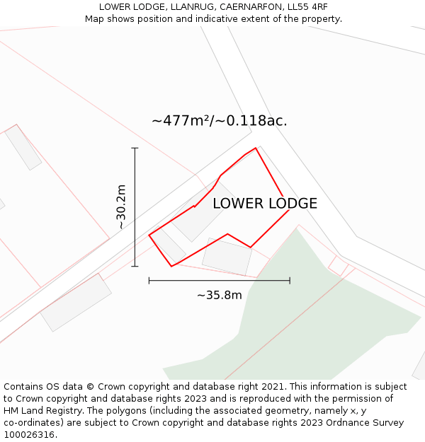 LOWER LODGE, LLANRUG, CAERNARFON, LL55 4RF: Plot and title map