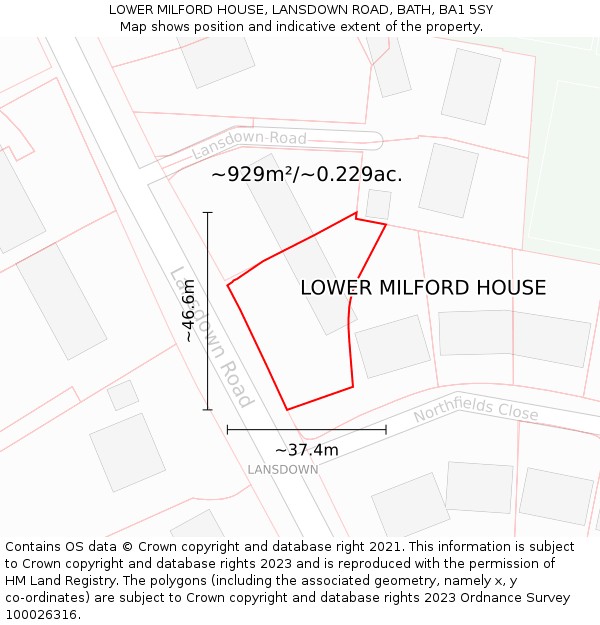 LOWER MILFORD HOUSE, LANSDOWN ROAD, BATH, BA1 5SY: Plot and title map