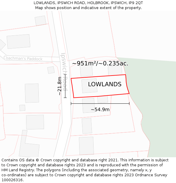 LOWLANDS, IPSWICH ROAD, HOLBROOK, IPSWICH, IP9 2QT: Plot and title map