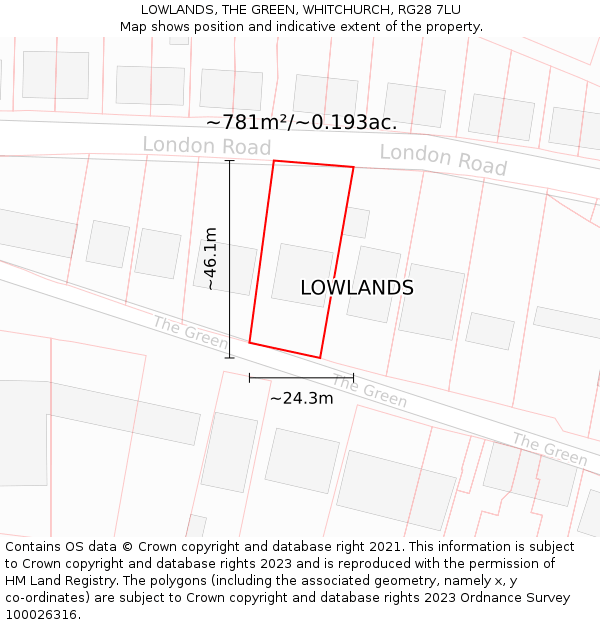 LOWLANDS, THE GREEN, WHITCHURCH, RG28 7LU: Plot and title map