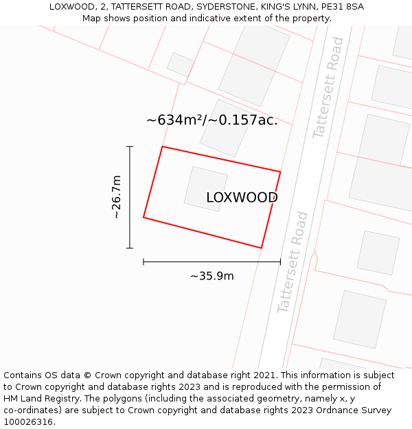 LOXWOOD, 2, TATTERSETT ROAD, SYDERSTONE, KING'S LYNN, PE31 8SA: Plot and title map