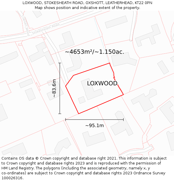 LOXWOOD, STOKESHEATH ROAD, OXSHOTT, LEATHERHEAD, KT22 0PN: Plot and title map