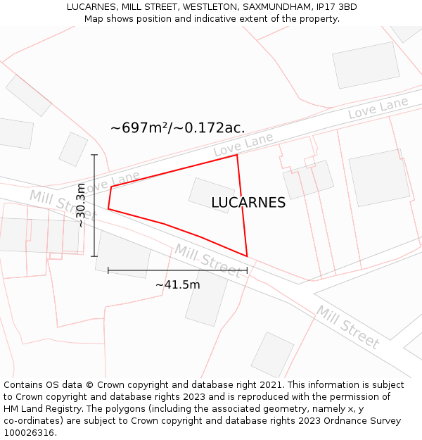 LUCARNES, MILL STREET, WESTLETON, SAXMUNDHAM, IP17 3BD: Plot and title map