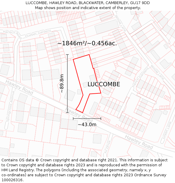 LUCCOMBE, HAWLEY ROAD, BLACKWATER, CAMBERLEY, GU17 9DD: Plot and title map