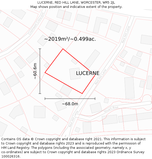 LUCERNE, RED HILL LANE, WORCESTER, WR5 2JL: Plot and title map