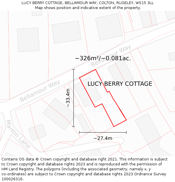 LUCY BERRY COTTAGE, BELLAMOUR WAY, COLTON, RUGELEY, WS15 3LL: Plot and title map