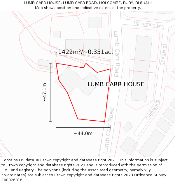 LUMB CARR HOUSE, LUMB CARR ROAD, HOLCOMBE, BURY, BL8 4NH: Plot and title map