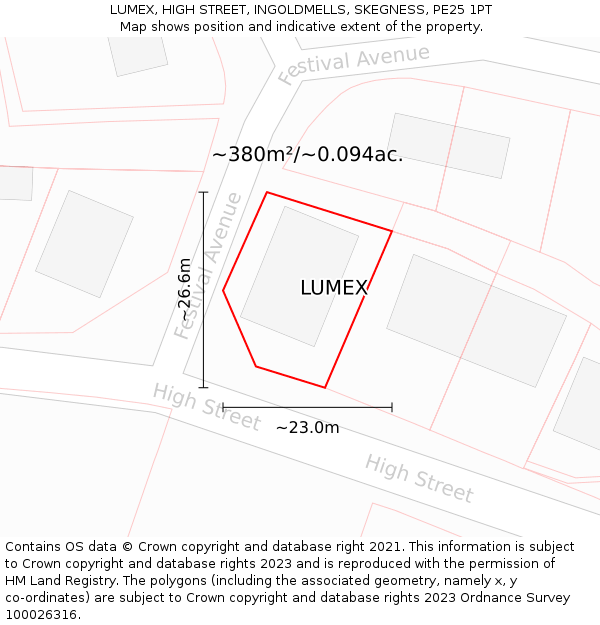 LUMEX, HIGH STREET, INGOLDMELLS, SKEGNESS, PE25 1PT: Plot and title map