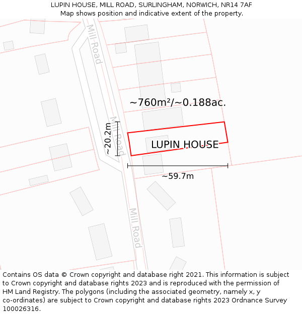 LUPIN HOUSE, MILL ROAD, SURLINGHAM, NORWICH, NR14 7AF: Plot and title map