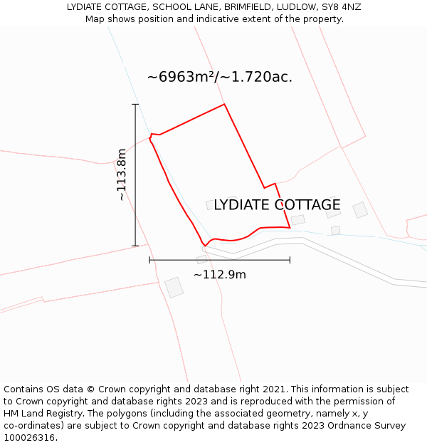 LYDIATE COTTAGE, SCHOOL LANE, BRIMFIELD, LUDLOW, SY8 4NZ: Plot and title map