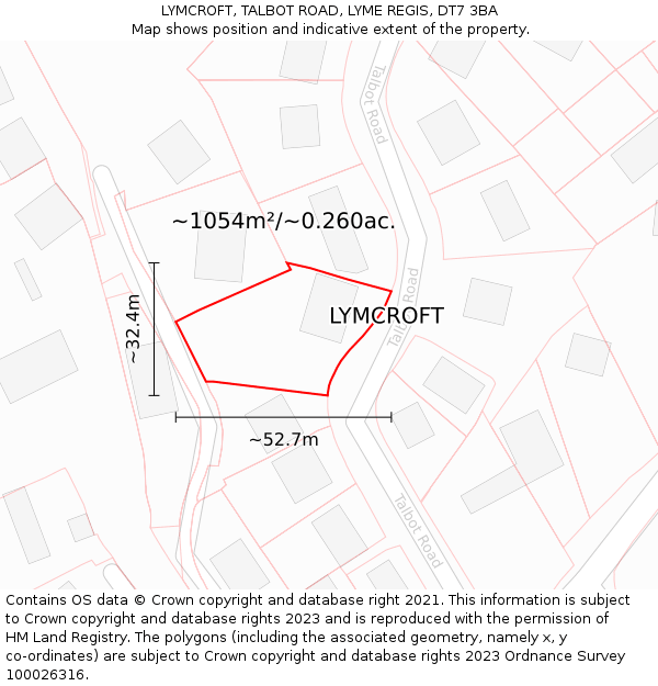 LYMCROFT, TALBOT ROAD, LYME REGIS, DT7 3BA: Plot and title map