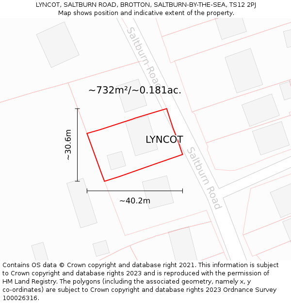 LYNCOT, SALTBURN ROAD, BROTTON, SALTBURN-BY-THE-SEA, TS12 2PJ: Plot and title map