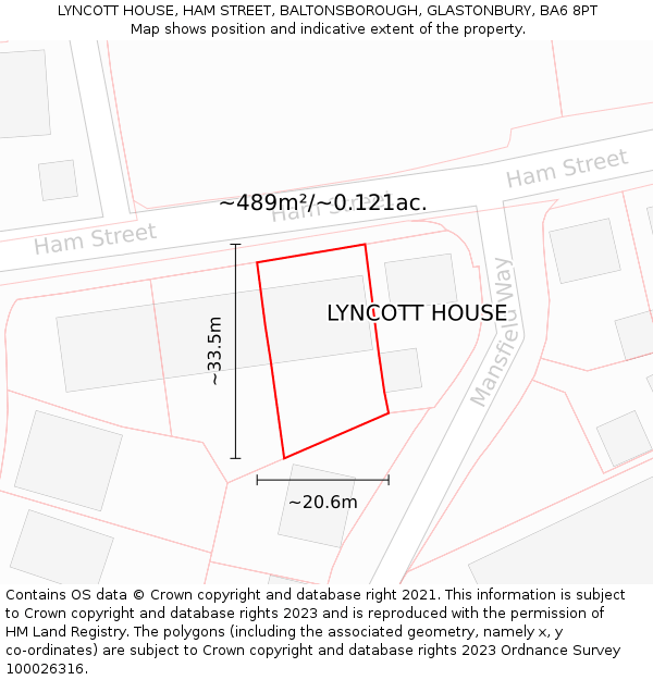 LYNCOTT HOUSE, HAM STREET, BALTONSBOROUGH, GLASTONBURY, BA6 8PT: Plot and title map