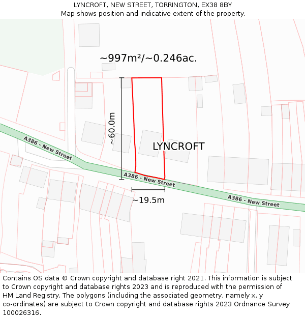 LYNCROFT, NEW STREET, TORRINGTON, EX38 8BY: Plot and title map