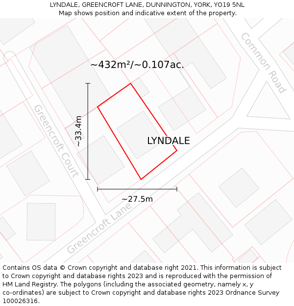 LYNDALE, GREENCROFT LANE, DUNNINGTON, YORK, YO19 5NL: Plot and title map