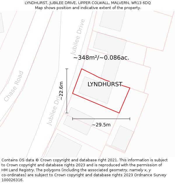 LYNDHURST, JUBILEE DRIVE, UPPER COLWALL, MALVERN, WR13 6DQ: Plot and title map