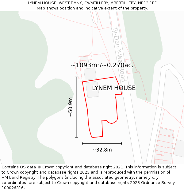 LYNEM HOUSE, WEST BANK, CWMTILLERY, ABERTILLERY, NP13 1RF: Plot and title map