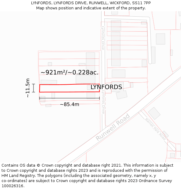 LYNFORDS, LYNFORDS DRIVE, RUNWELL, WICKFORD, SS11 7PP: Plot and title map