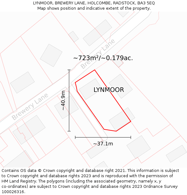 LYNMOOR, BREWERY LANE, HOLCOMBE, RADSTOCK, BA3 5EQ: Plot and title map