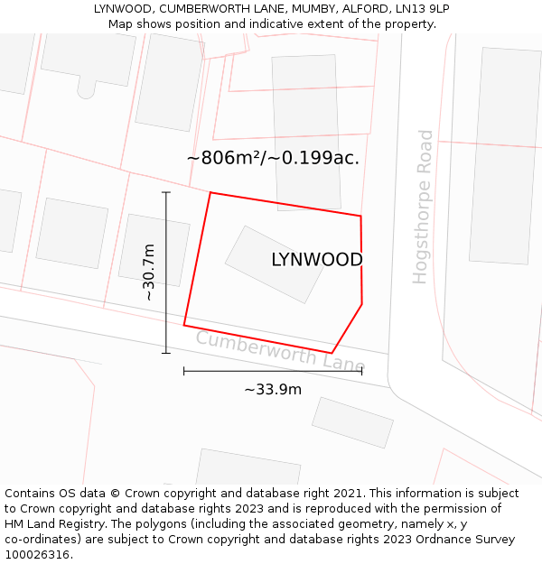 LYNWOOD, CUMBERWORTH LANE, MUMBY, ALFORD, LN13 9LP: Plot and title map